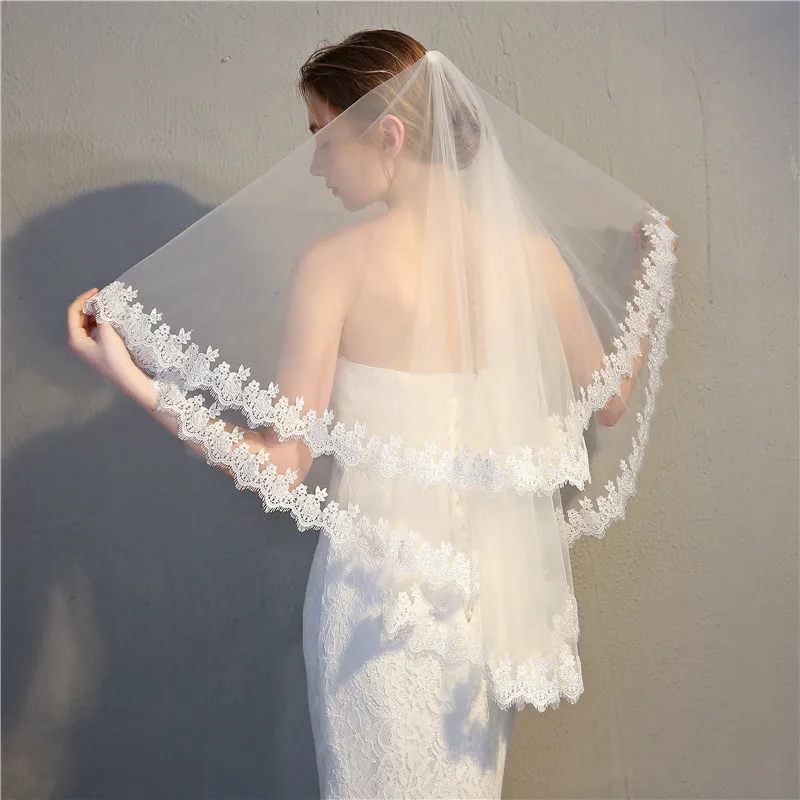 JaneVini – voile de mariée court en Tulle ivoire, Vintage, à deux couches, longueur coude, avec peigne