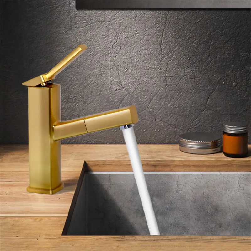 

Basin Faucet Brushed Gold Pull out Faucet Hot & Cold Sink Faucet with hand Shower head Mixer Taps Bathroom Faucet Lavatory Mixer