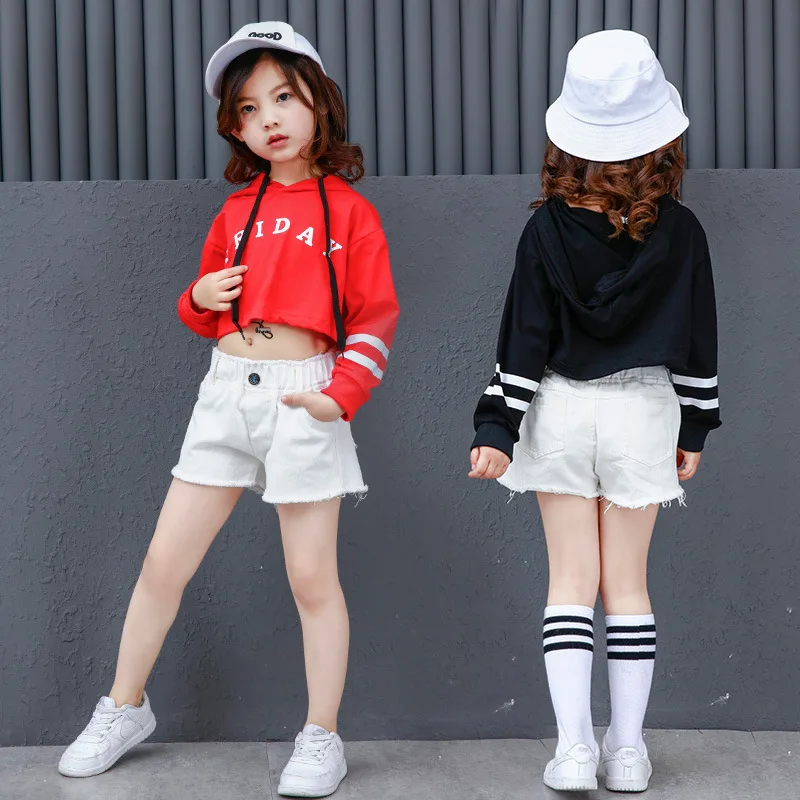 Kid Red Black Hoodie Sweatshirt Crop Top Long Sleeve Shirt for Girls Dance Clothes Hip Hop Clothing Costume Dancing Clothes