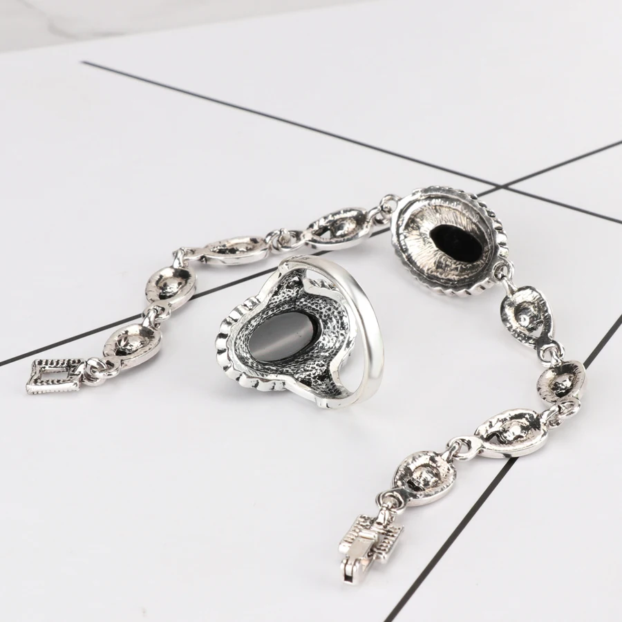 Kinel New 4Pcs Retro Jewelry Sets Black Pendant Necklace And Earring Bracelet Ring For Women Fashion Jewelry Set Gift