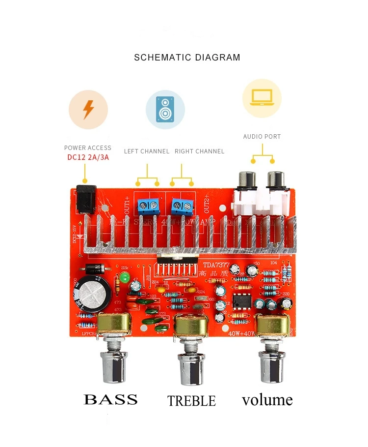 DC 12V TDA7377 Audio Amplifier Power Board Stereo 2.0 ch 40w+40w RCA Treble Bass Adjustable