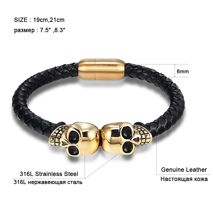 XQNI-pulsera de piel auténtica para hombre, brazalete de calavera Punk, joyería con protección de color, venta al por menor