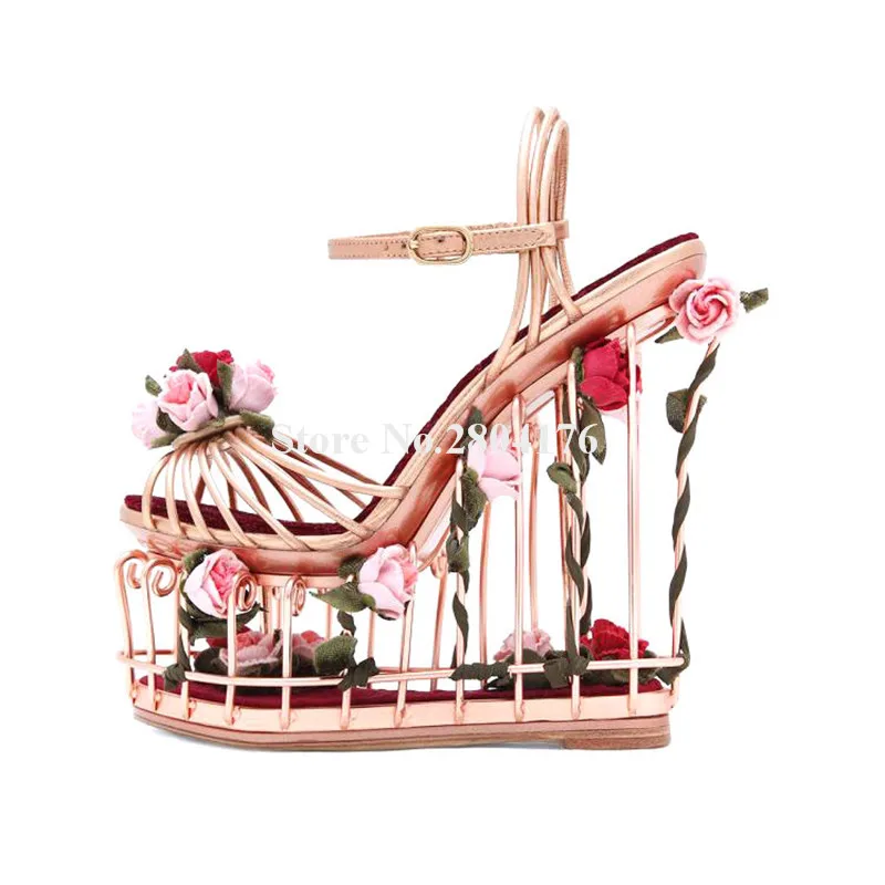 

Ladies Luxury Metal Plating Rose Gold Caged Flowers High Platform Wedge Sandals Cut-out Bottom Ankle Strap Wedge Sandals