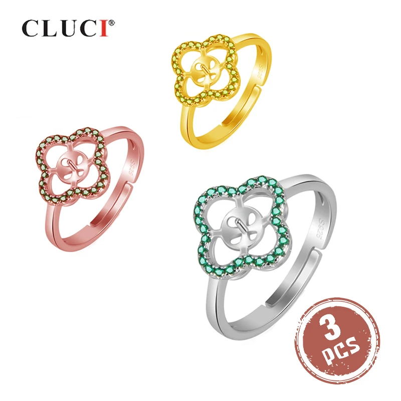 

CLUCI 3pcs Silver 925 Green Clover Women Rings Adjustable Zircon Pearl Ring Mounting 925 Sterling Silver Zircon Rings SR2158SB