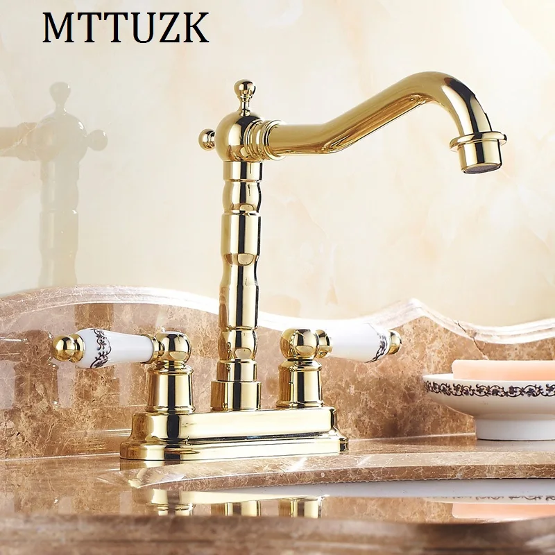 

Vidric European Gold Plated Brass Deck Mounted Dual Ceramics Cross Handles Bathroom Vessel Sink Basin Faucet Swivel Mixer Tap