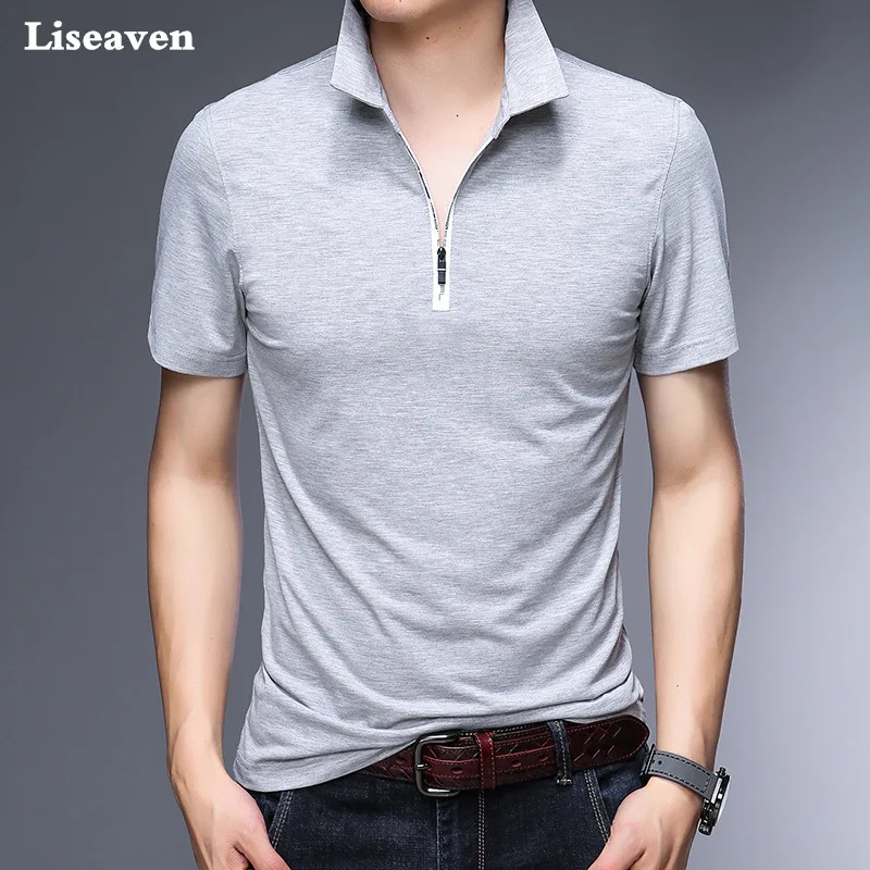 Liseaven High Quality 7 colors Turn-down Collar T-Shirt Men's Clothing Cotton T Shirts Solid Color tshirts  Male Tops