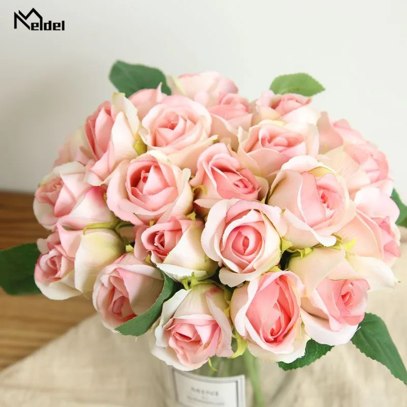 Meldel Bride Wedding Bouquet Bridesmaid Artificial Silk Flower Polyester 11 Heads Rose Bouquet DIY Wedding Supplies Home Decor