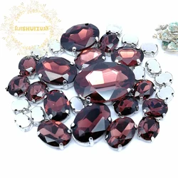 5 SIZES 30PCS  Wine red oval shape Glass Crystal sew on rhinestones with calw Diy wedding decoration