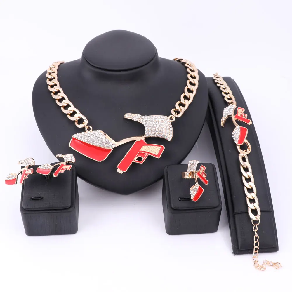 Fashion Hip Hop Golden Statement Red Enamel Crystal Pistol High-heeled Shoes Pendant Party Gift Necklace Bracelet Earring Ring