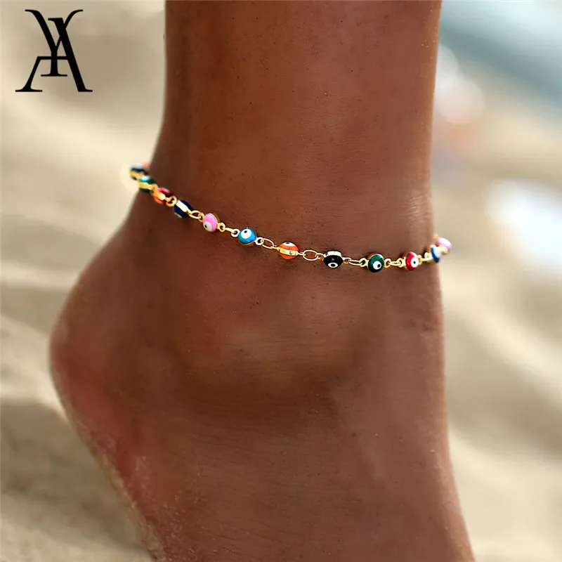 Fashion Colorful Turkish Eyes Anklets for Women Charm Gold Color Beads Pendant barefoot sandals Anklet Foot Jewelry Accessories