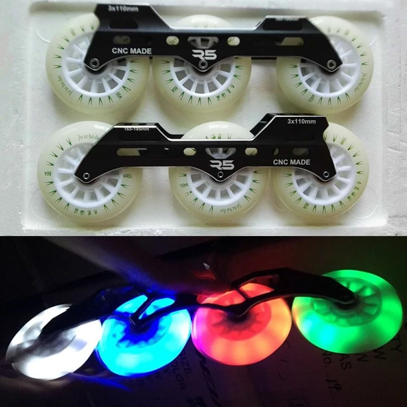 110mm LED Wheel Green Blue White Colorful Flash Shine Super Brightness Inline Speed Skates Wheel with R5 Alloy 243mm Frame Base