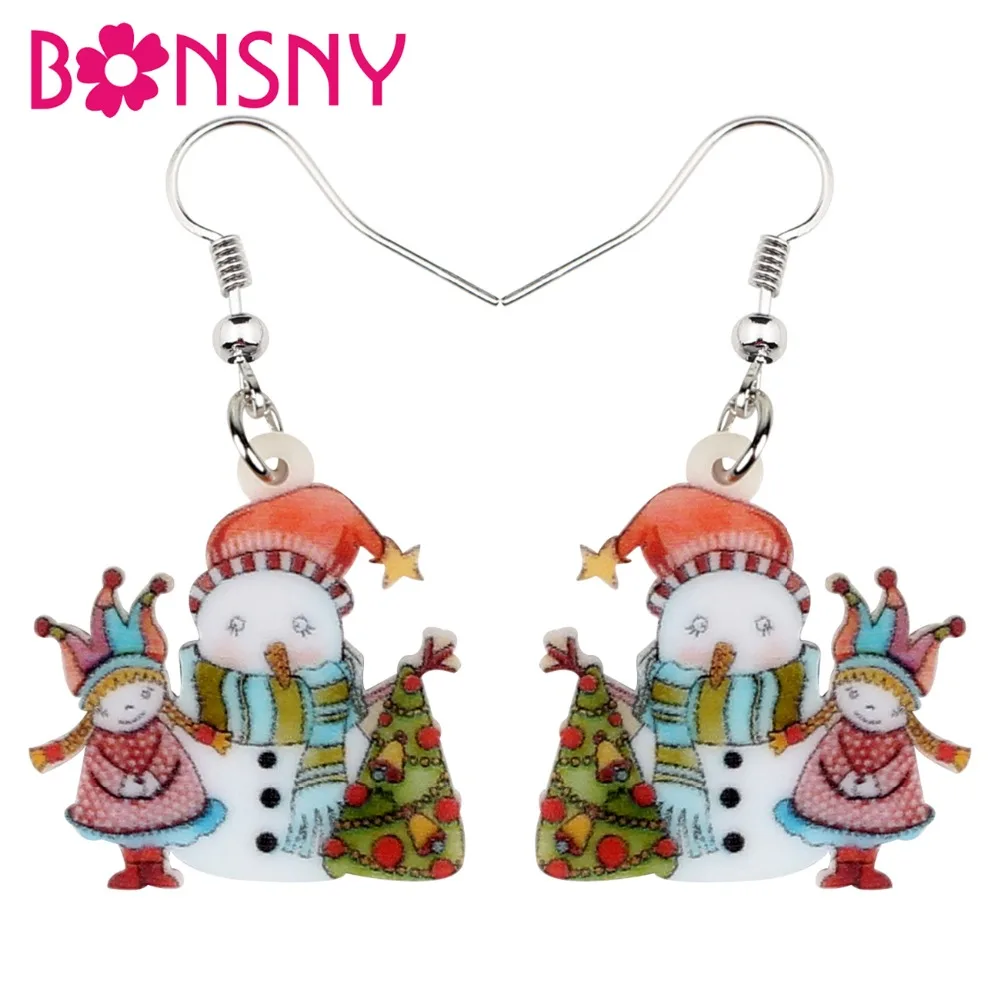 Bonsny Acrylic Christmas Snowman Tree Girl Earrings Drop Dangle Cartoon Sweet Jewelry For Women Teen Gift Party Charms Wholesale