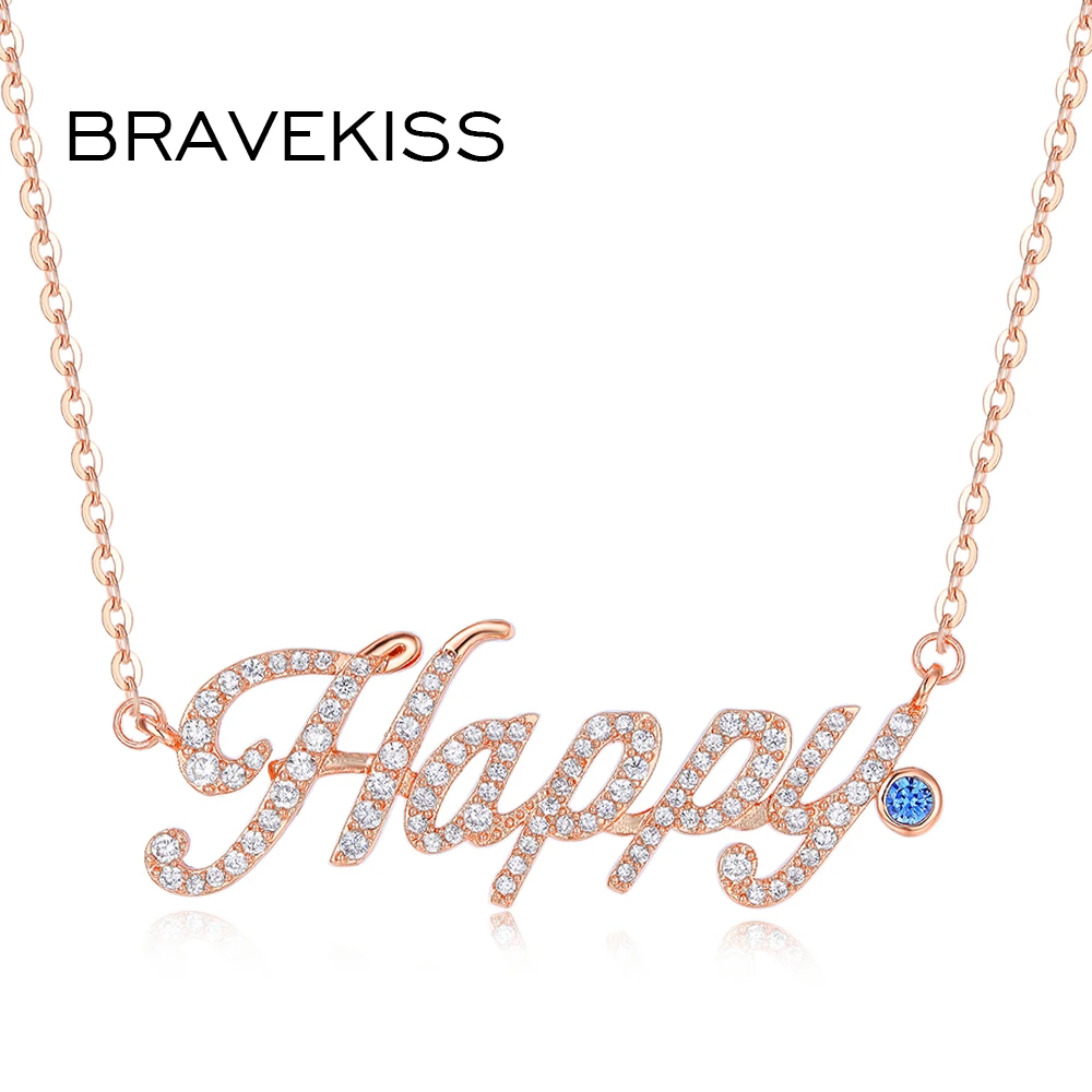 BRAVEKISS Rose Gold Color Happy Letter Pendant Necklace For Women Adjustable Extend Chain Jewellery Colar Feminino BUN0278