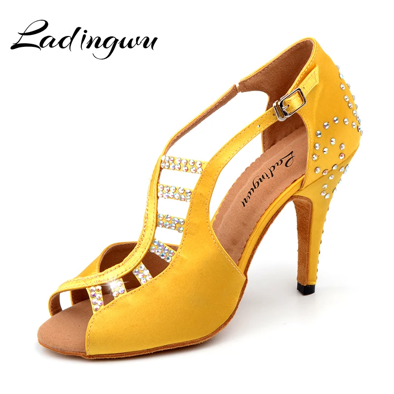 

New Latin Dance Shoes Salsa Women Yellow Black Unique Tailoring Design Satin Shoes For Ballroom Dancing Rhinestone Tango Shoes