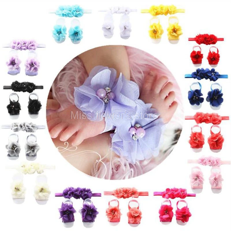 Baby Girl Rhinestone Flower Headband&Foot Band Barefoot Sandals Shoes Photo Prop