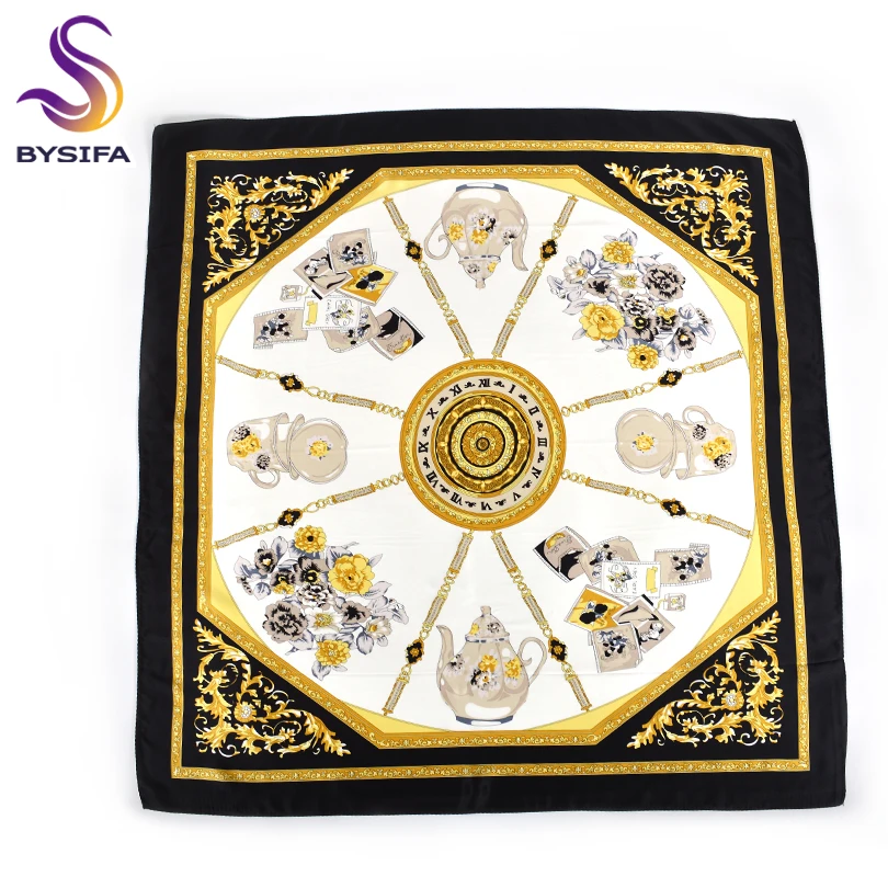 [BYSIFA] Black Gold White Scarves Women Elegant New 100% Silk Scarf Shawl Printed Fall Winter Ladies Brand Scarves Wraps 88*88cm