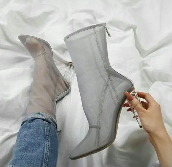 

Cheap High Quality Woman Brand Transparent Heel Air Mesh Plus Size Pointed Toe Zip Back Mid-calf Short Boots Crystal Heels Botas