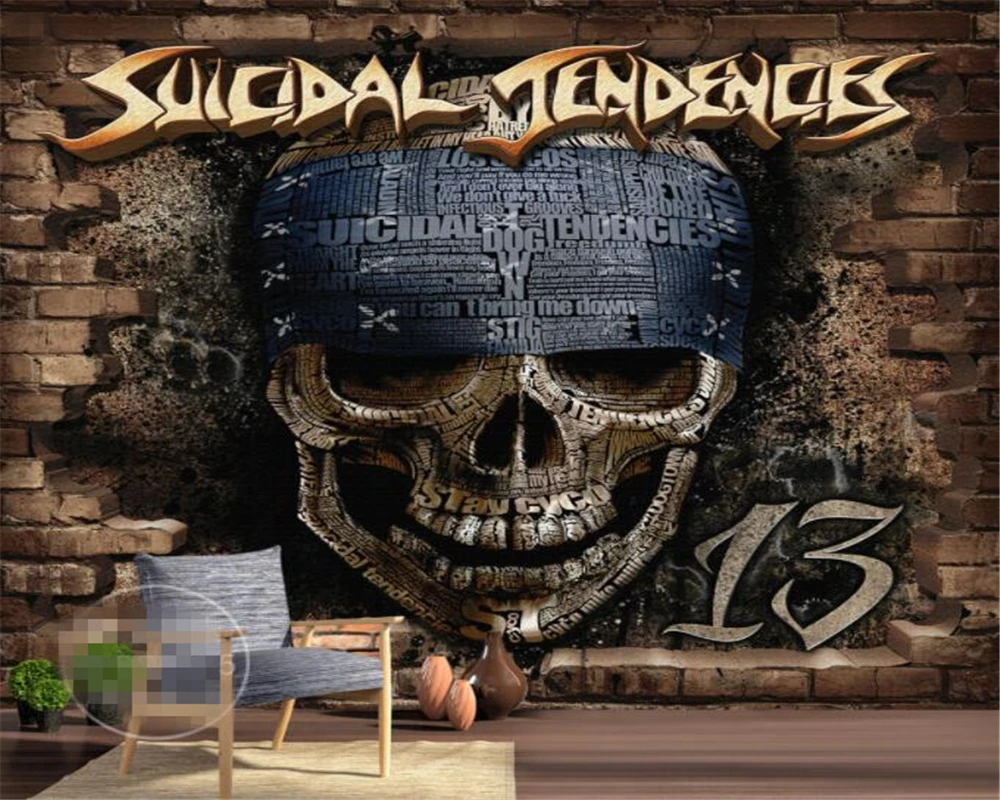 

Custom wallpaper mural retro personality 3d brick wall skull rock bar mural papel de parede wallpaper for living room