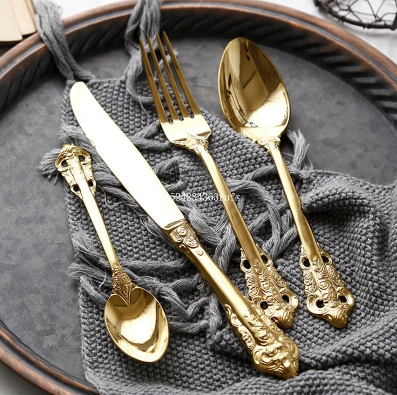 10 Sets Dinner Fork Dining Knife Tablespoon Luxury Golden Cutlery Set Gold Plated Stainless Steel Dinnerware Set