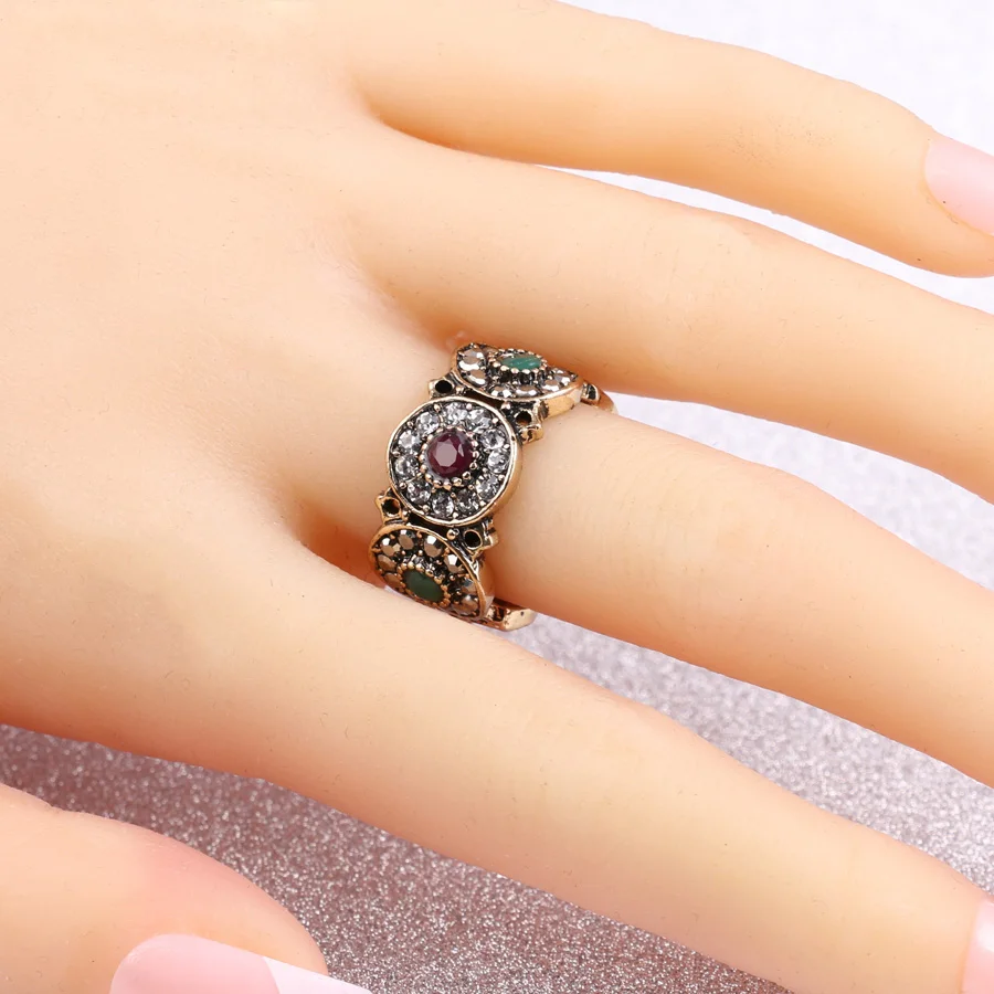 Kinel Turkey Rings For Women Hollow Vintage Wedding Ring Jewelry Ancient Gold Color Colorful Resin Stone Anillos Mujer