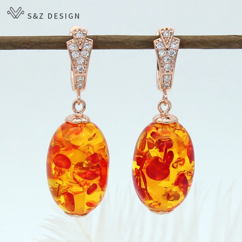 S&Z DESIGN New Fashion Oval Flower Ambers Dangle Earrings 585 Rose Gold Color Ethnic Eardrop For Women Girl Wedding Jewelry