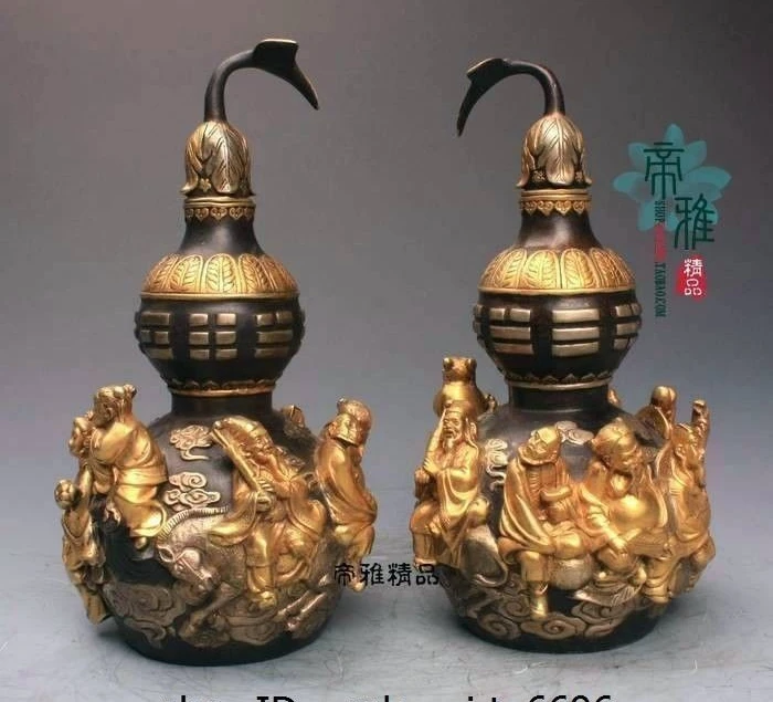 

China Bronze 24K Gold Gild Silver Auspicious Eight Immortals Bottle Gourd Statue