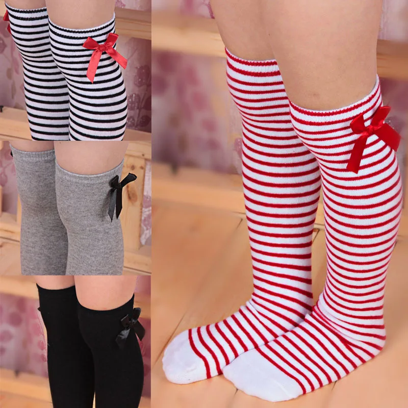 Girls Knee High Socks with Bow Kids Boot Socks Stripe Cute Princess Long Socks for School Baby Solid Color Leg Warmer Brand