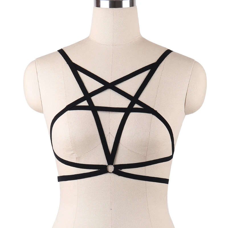 

Fetish Pentagram Harness Rave Wear Body Bondage Lingerie Gothic Crop Tops Cage Bralette Sexy Star Harness Bra Pentagram Bra
