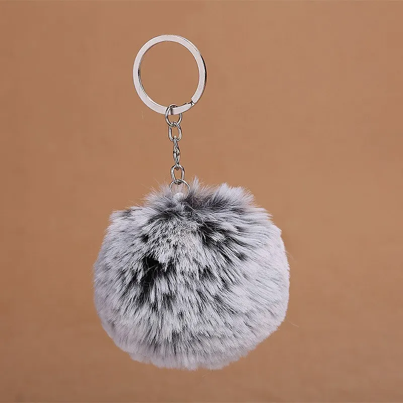 8CM Double Color Fluffy Faux Rex Rabbit Fur Ball Pom Pom Keychain Women Bag Charms Trinket Key Chain Wedding Party Gift