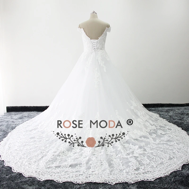 Rose Moda Pháp Ren Bóng Gown Tắt Shoulder V Neck giáo Wedding Dress Cộng Với Kích Thước với Hoàng Gia Train Lace Up trở lại