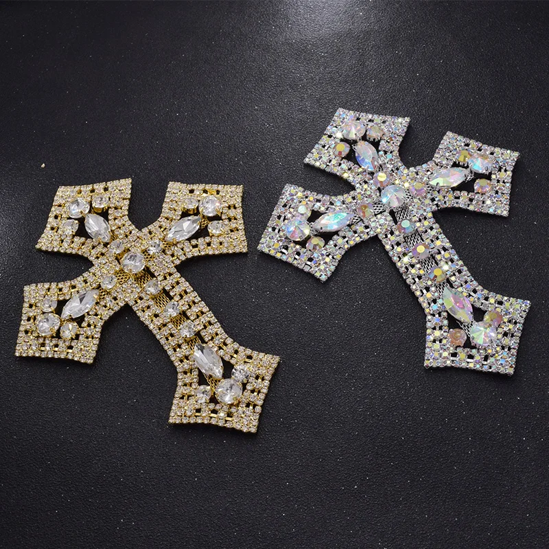 10pcs Big size cross with rhinestones crystal sew on patches for clothings glass strass appliques trimming AB rhinestone