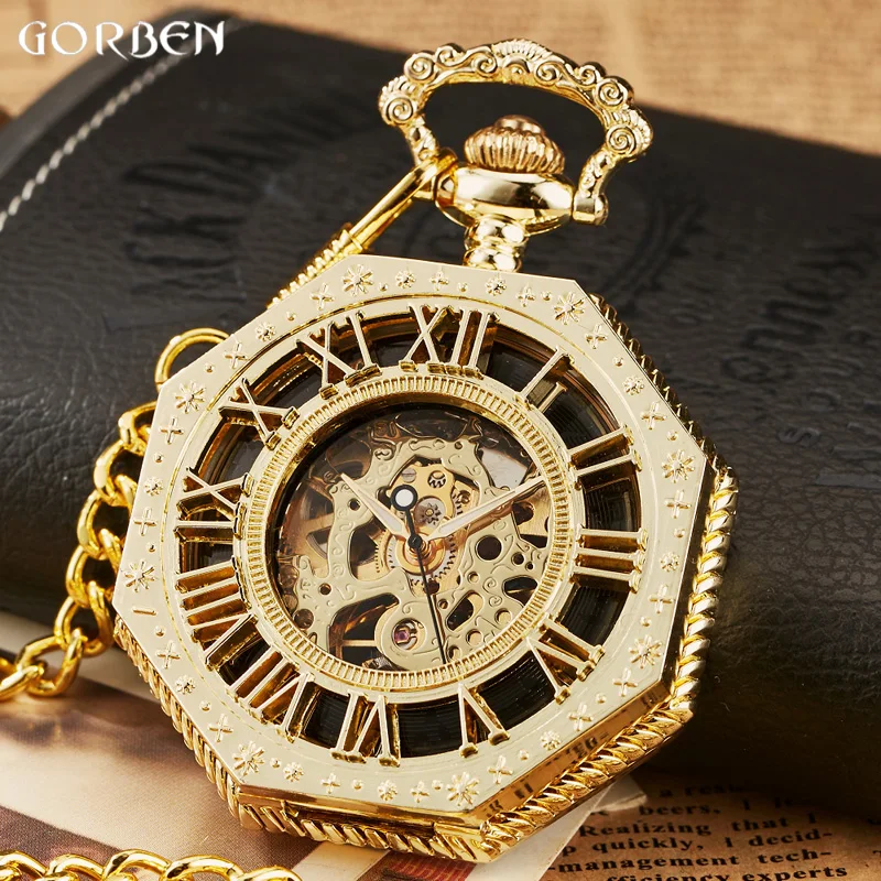 Luxury Unique Hexagonal Roman Number Pocket Watch with FOB Chain Steampunk Full Steel Mechanical Hand-winding Gold Pocket Watch