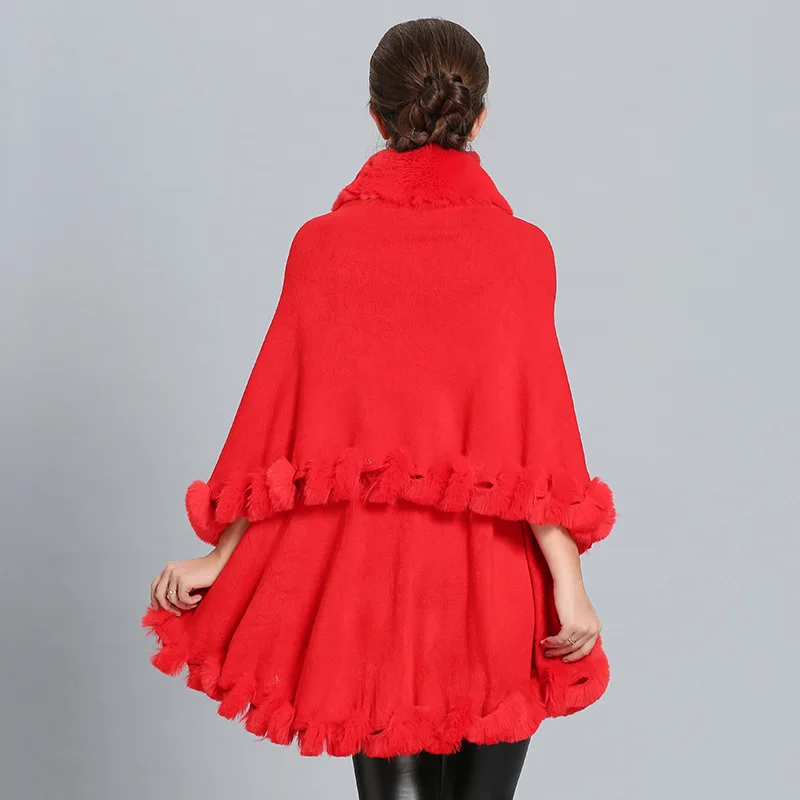 10 Colors Winter Warm Long Faux Rabbit Fur Collar 2 Layers Poncho Cape Cloak Plus Size Cashmere Women Loose Thick Shawl Overcoat