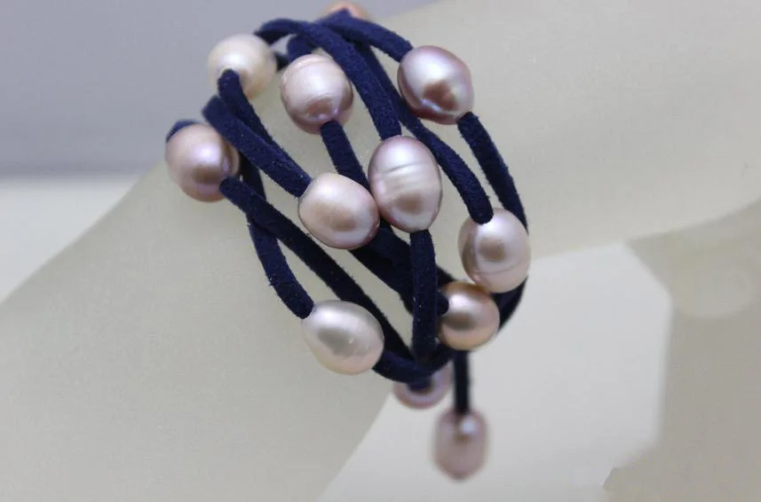 Perfect Leather Pearl Jewelry Dark Blue Leather Natural Purple Color Freshwater Pearl Necklace 48 inches No Metal