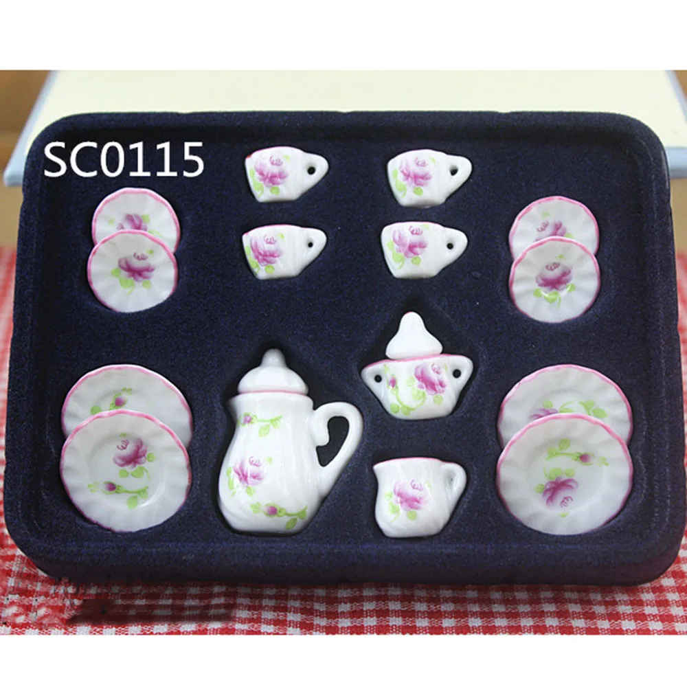 15Pcs 1/12 accessori per case delle bambole in miniatura Mini Set da tè in ceramica simulazione bollitore piatto tazza modello giocattoli decorazione casa delle bambole