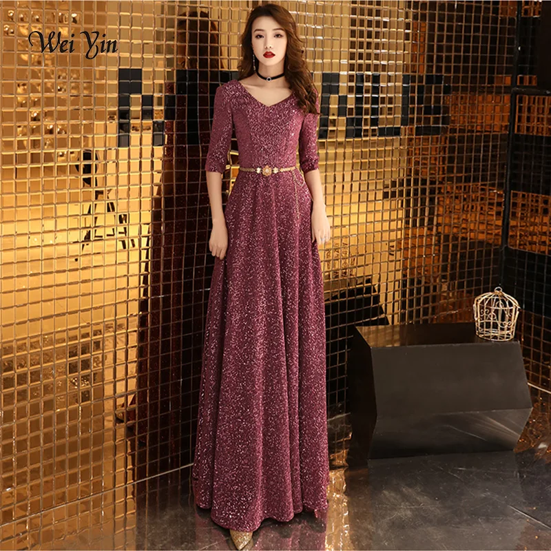 weiyin Robe De Soiree Evening Party Dress Real Photos Wine Red Color Sequined Party Occasion Formal Long Evening Dress WY1233