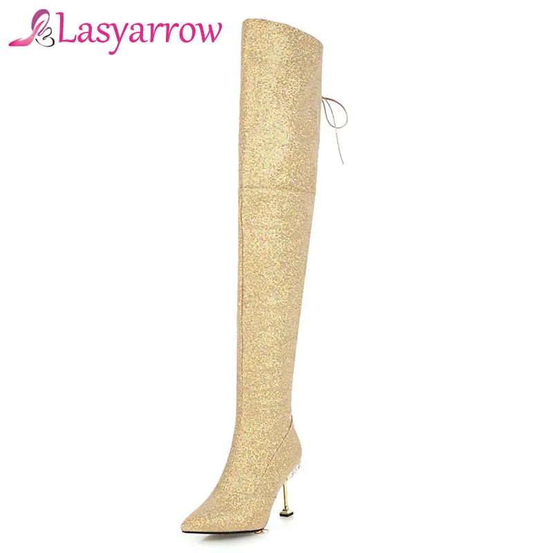 Lasyarrow Women Boots High Heels Long Boots Thigh High Lace Up Over The Knee Black Gold Silver Boot Ladies shoes Plus Size 43