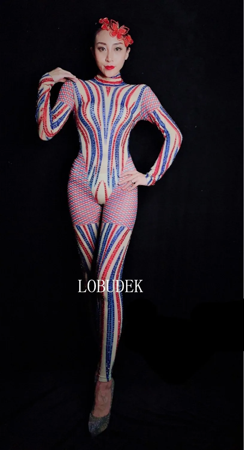 Sparkly Rhinestones Mesh Elastic Tight Jumpsuit Women Birthday Party Nightclub Sexy Stage Wear Singer Stage Performance Costume