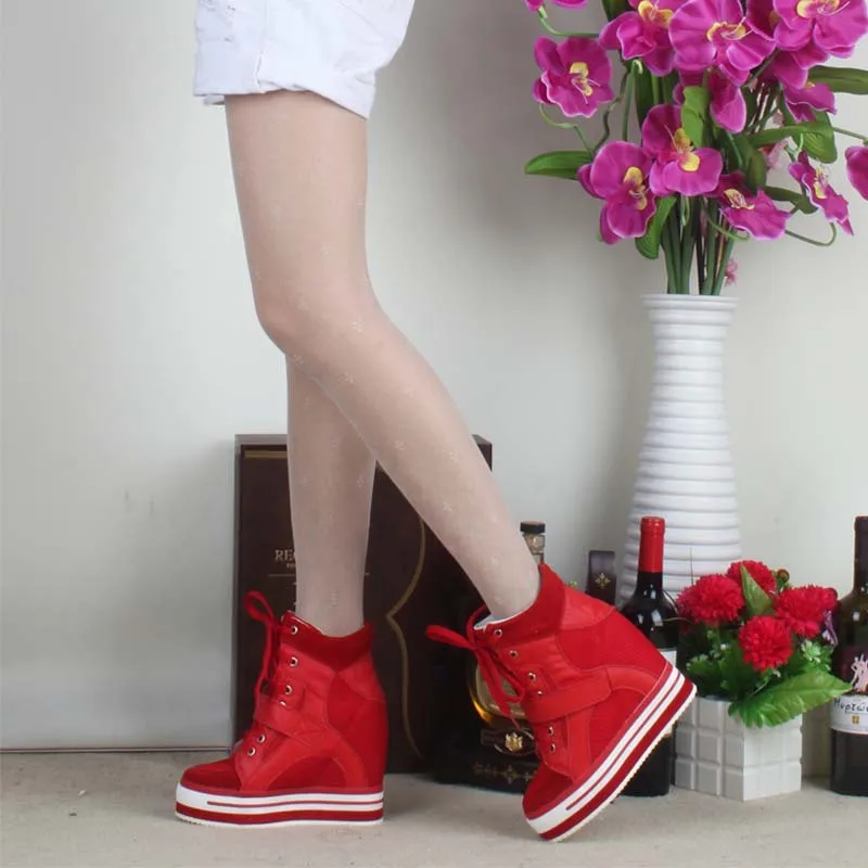 

new 2017 wedges high top boots height increasing women lace up mesh breathable top quality platform hidden elevator casual shoes