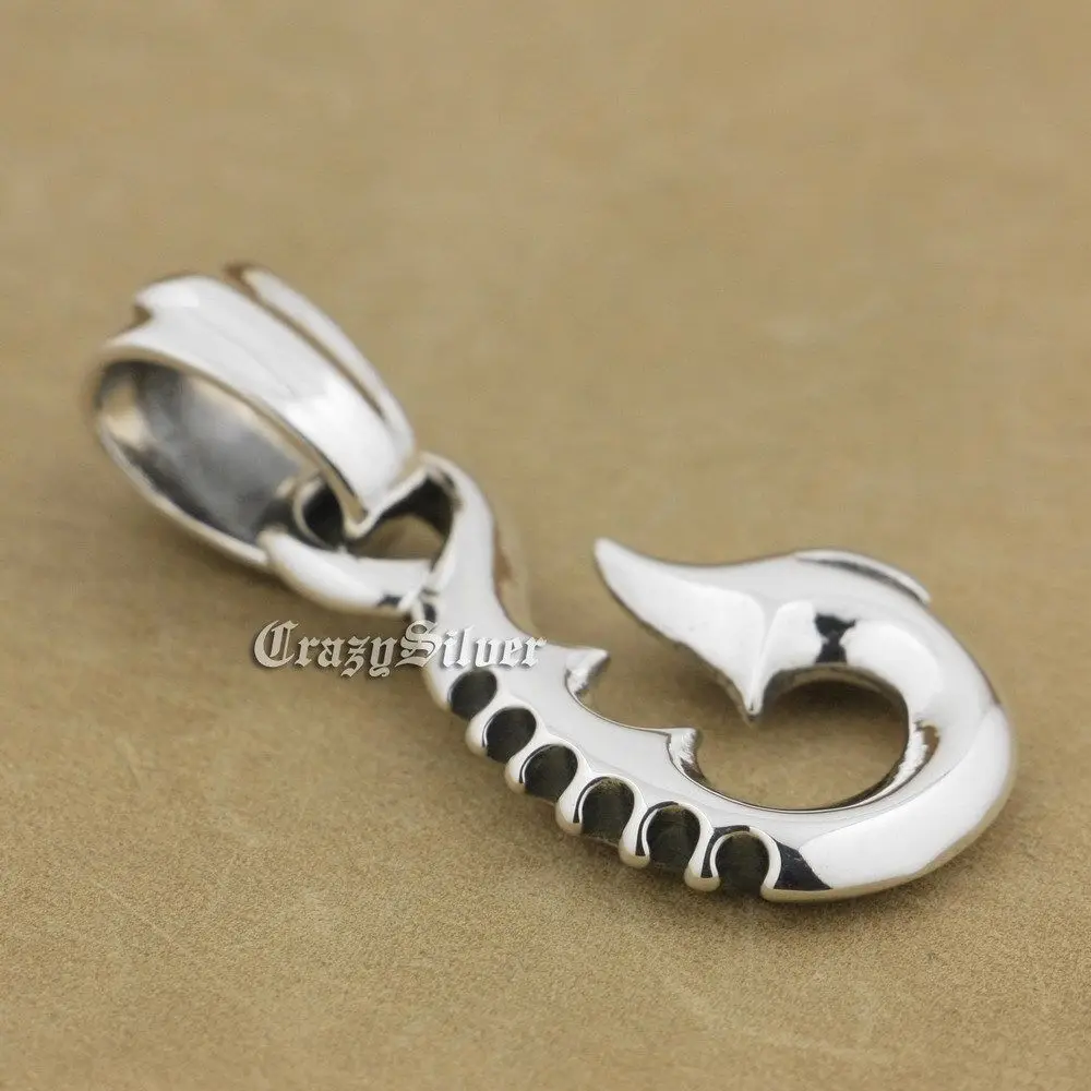 

LINSION Fish Hook 925 Sterling Silver Mens Biker Rocker Punk Pendant 9V008