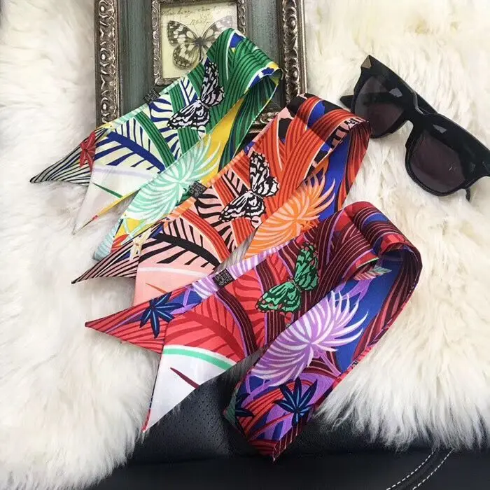 New Luxury Brand Silk Small Women Head Scarf Hair Bags Tropical rainforest Handle Decoration Tie Multifunction Hand Ribbon Scarf image 6