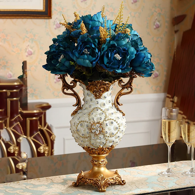 European Style Luxury Diamond Table Resin Vase Figurines Home Furnishing Decoration Craft Artificial Flower Arrangement Ornament