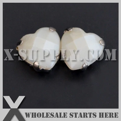 12mm Mounted J2 Ivory Pearl Heart Cabochon Acrylic Rhinestone Chaton in Silver NICKEL Sew on Setting for Shoe,Garment