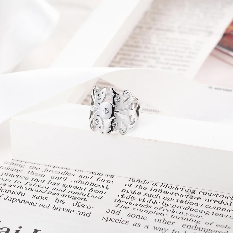 BORASI New Ring Feather Rings For Women Vintage Gold- Color Crystal CZ Zircon Stone Stainless Steel Engagement Bridal Jewelry