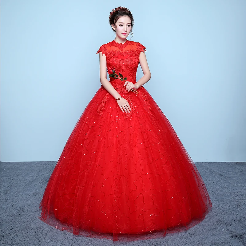 XXN-059#Ball Gown O-Neck plus size lace up white red wedding dress Embroidered Lace on Net wholesale long dresses women Custom