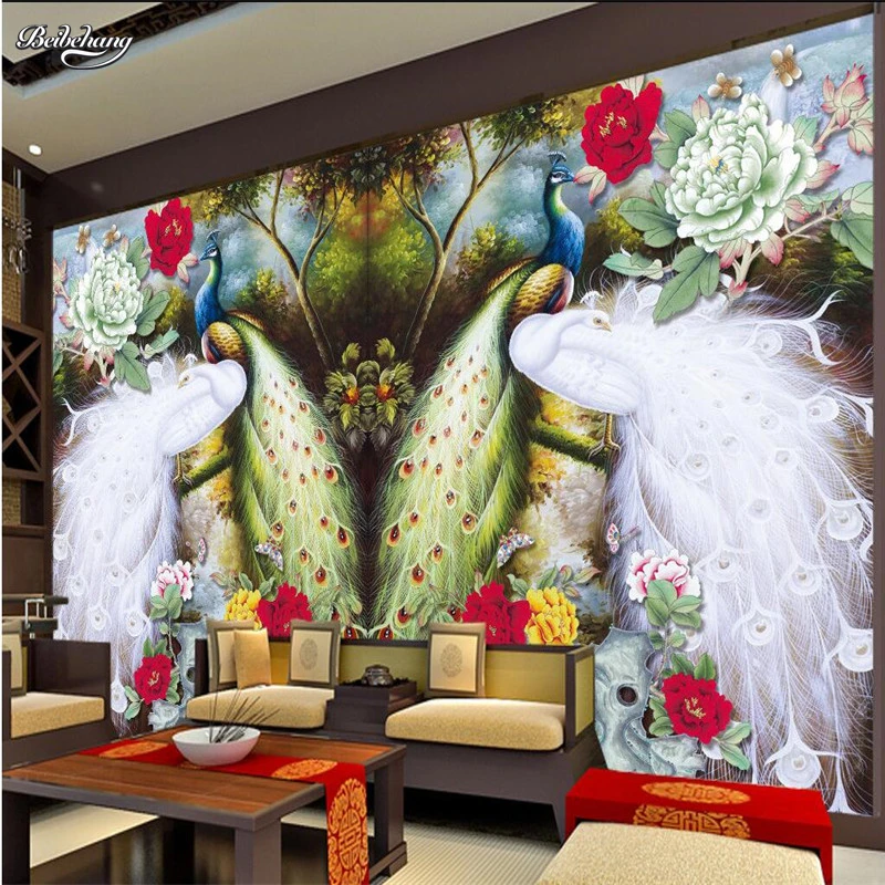 

beibehang wall wallpaper 3d Anaglyph background Photography two peacocks living room bedroom paper mural murals papel de parede