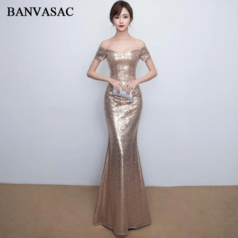 

BANVASAC 2018 Sweetheart Sequined Off The Shoulder Mermaid Long Evening Dresses Short Sleeve Backless Party Prom Gowns
