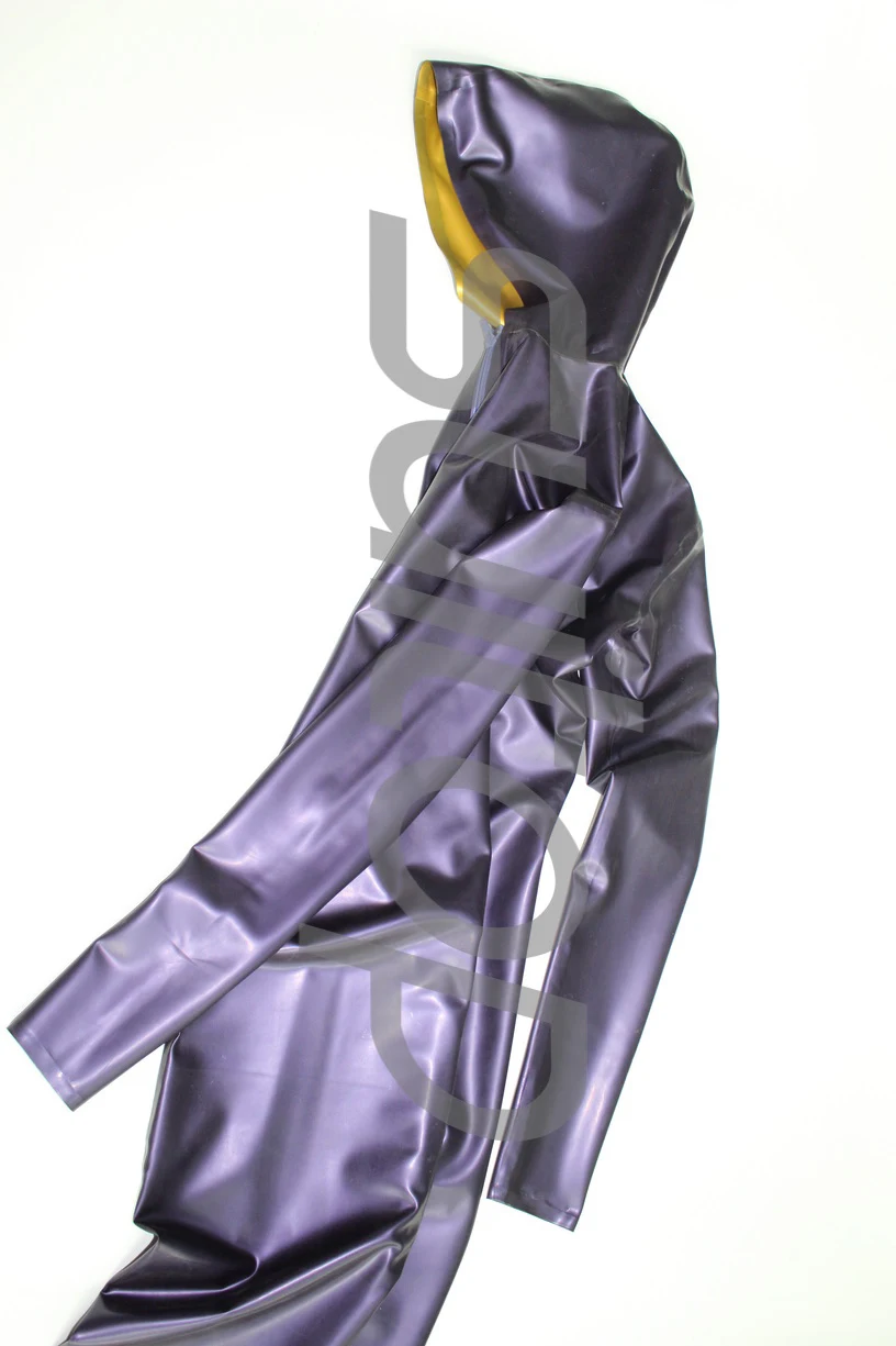 New arrived men's latex jumpsuit rubber catsuit with cap in metallic purple and gold