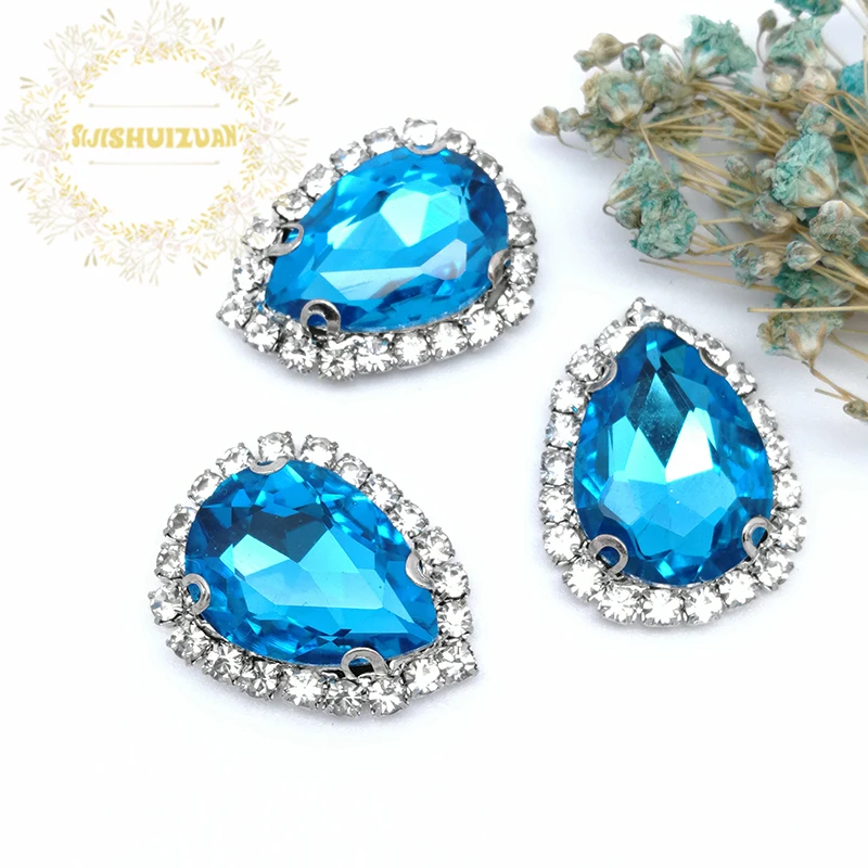 Silver Bottom Lake Blue Top Grade Glass Crystal Buckle,Drop Shape  Sew On Rhinestones,Diy Wedding Decoration 10Pcs/Pack