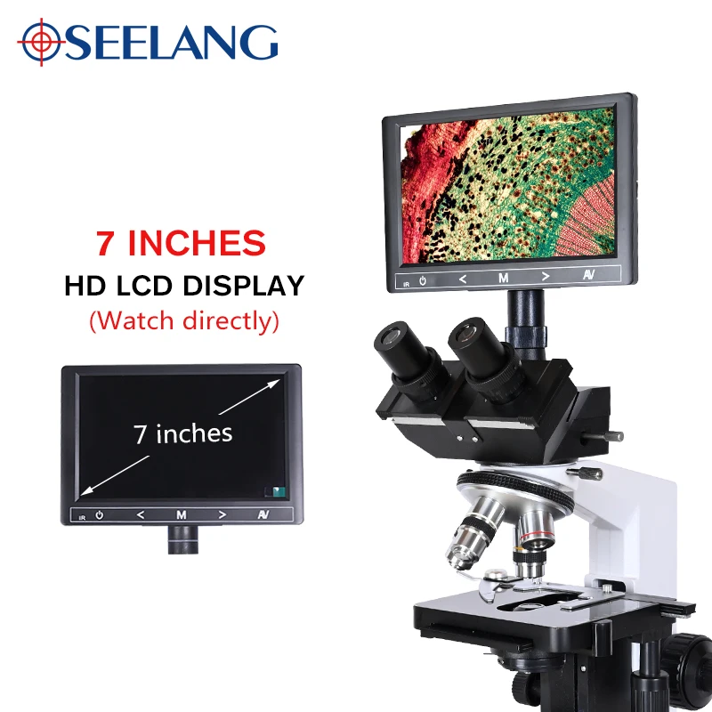 Professional Lab biological HD trinocular microscope zoom 1600X eyepiece electronic digital 7-inch LCD led Light phone stand USB